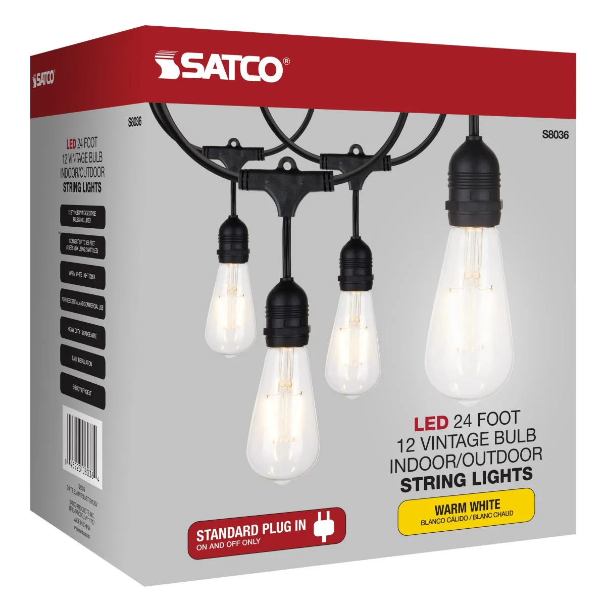 24Ft, LED String Light, 12 Vintage ST19 bulbs Included, 120 Volts