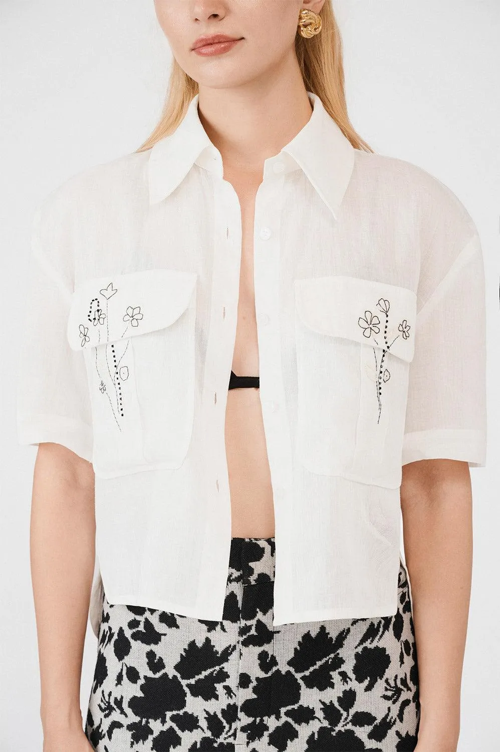 Adelynn Cropped Patch Pocket Linen Shirt