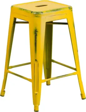 Brimmes 24"H Metal Counter Stool Backless Distressed Yellow, Stackable