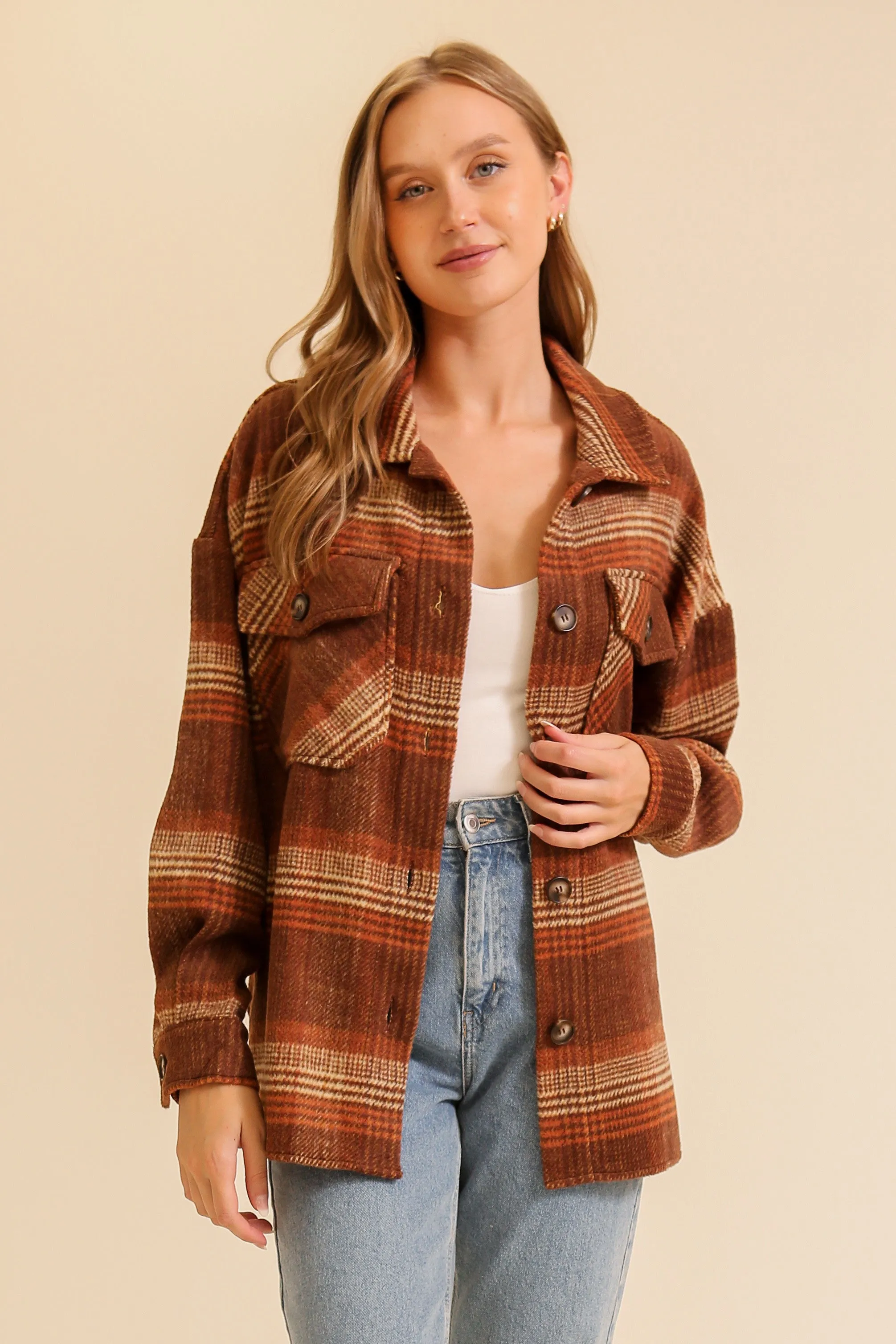 Brown/Taupe Fall Vibes Plaid Print Shacket