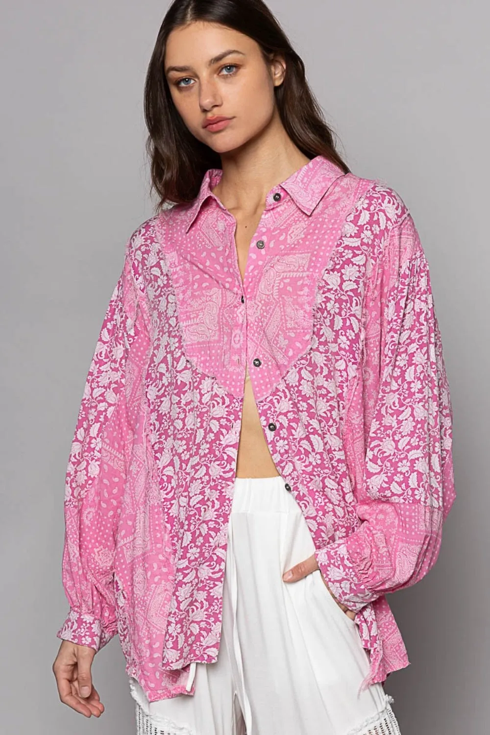 Button Down Long Sleeve Paisley Print Shirt by POL