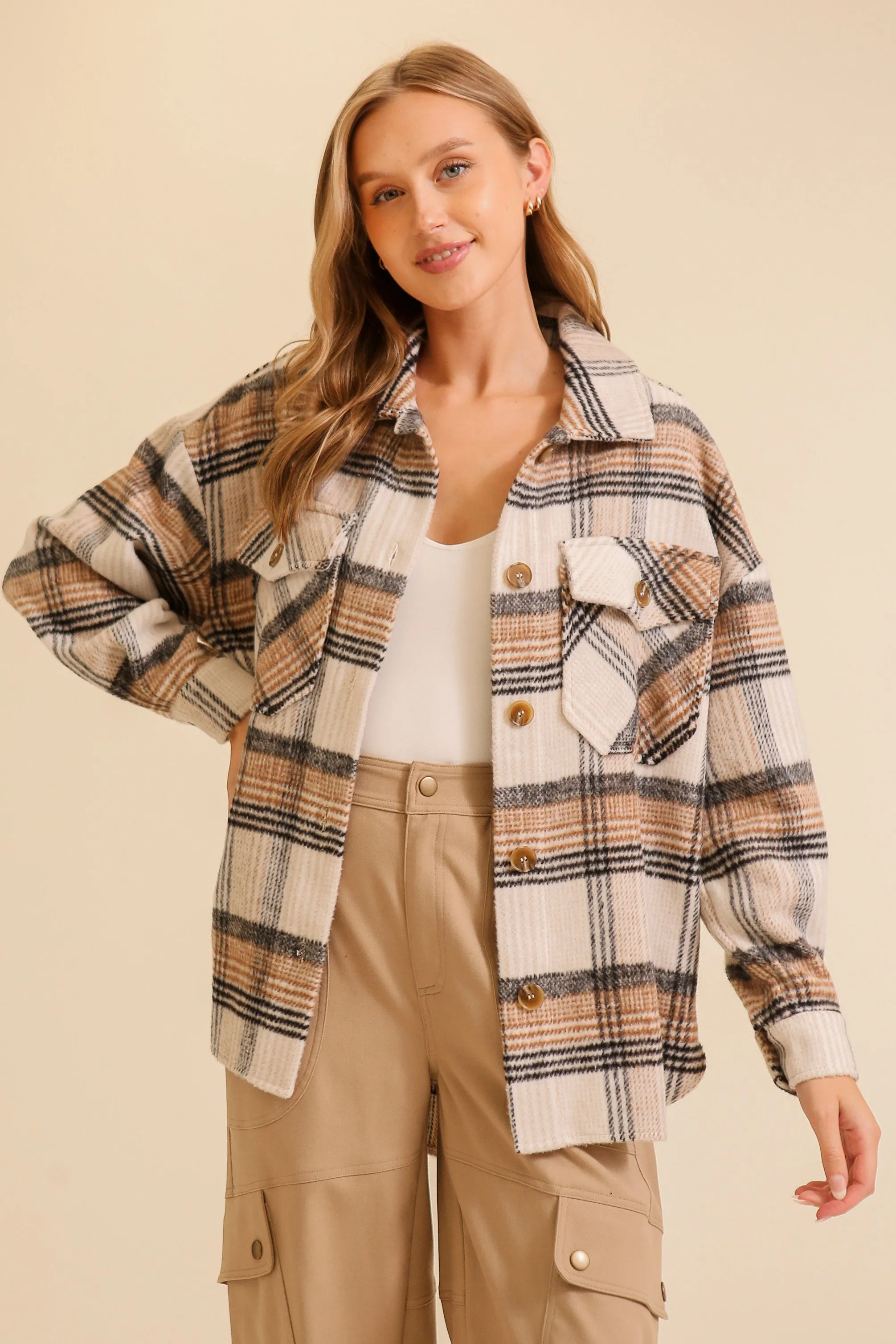 Fall Vibes Plaid Shacket - Taupe Black