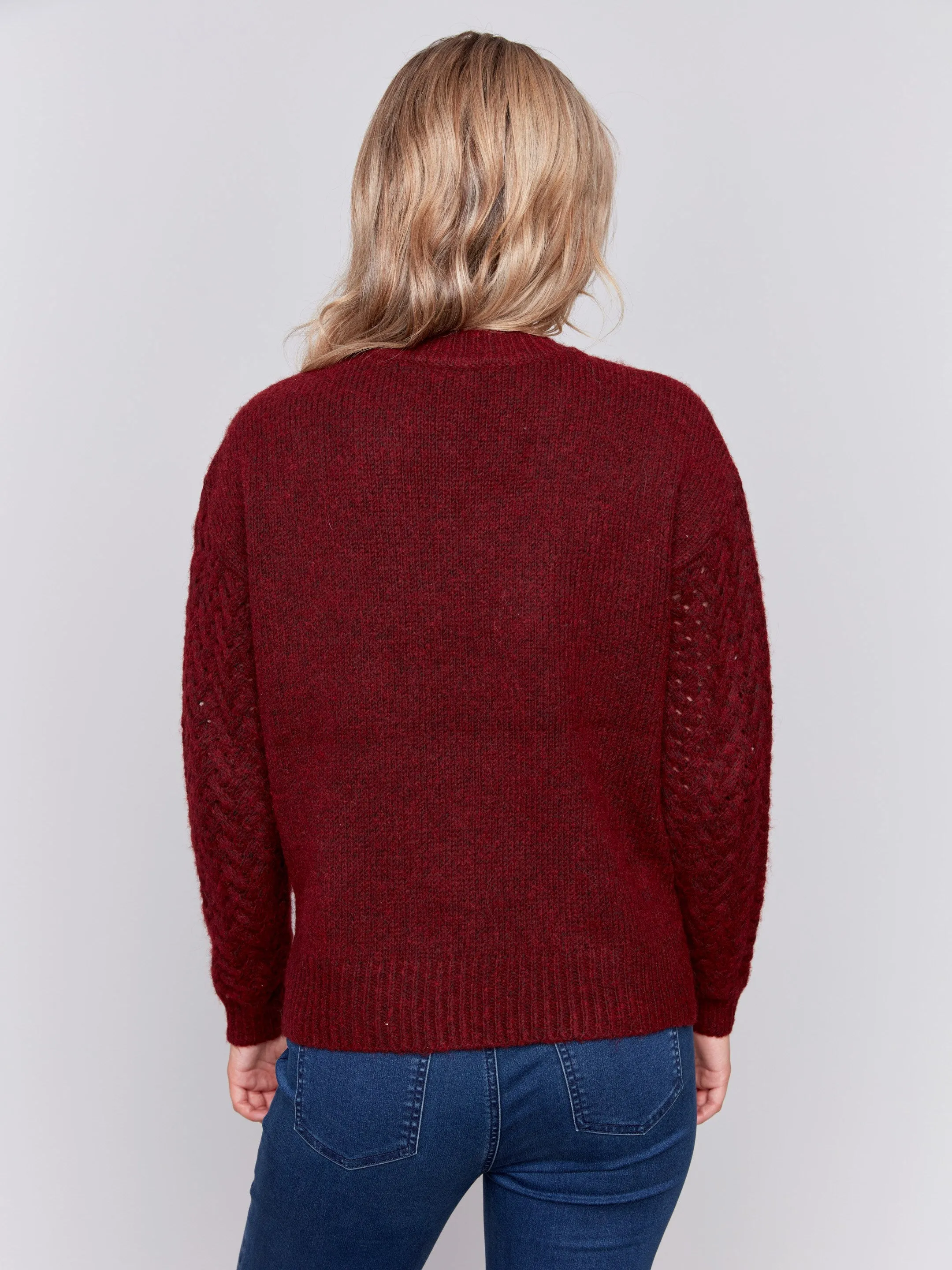 Fishnet Sleeve Crew Neck Sweater - Cabernet