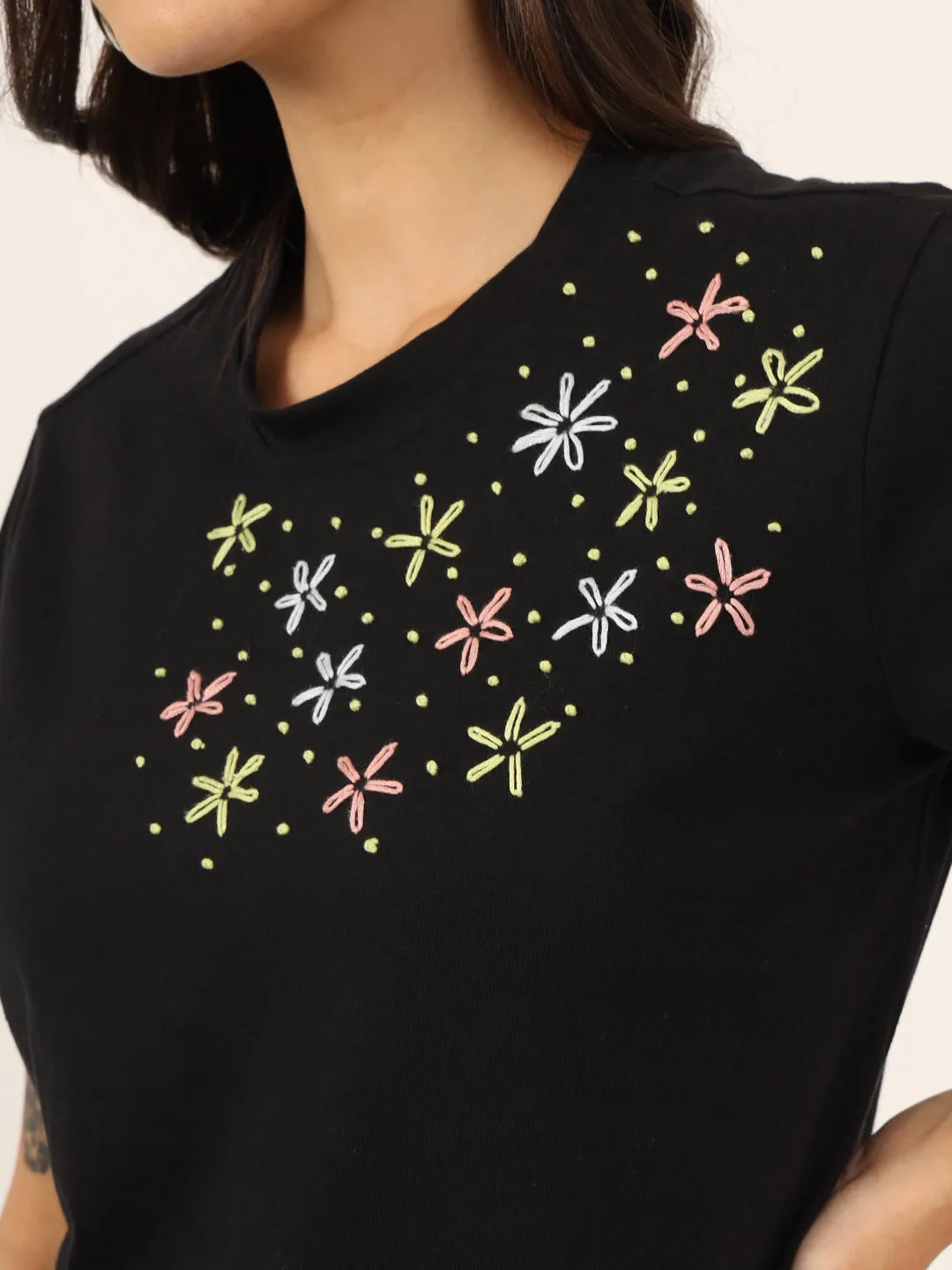 Floral Embroidery Black T-Shirt