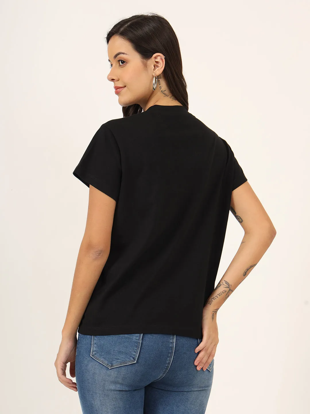 Floral Embroidery Black T-Shirt