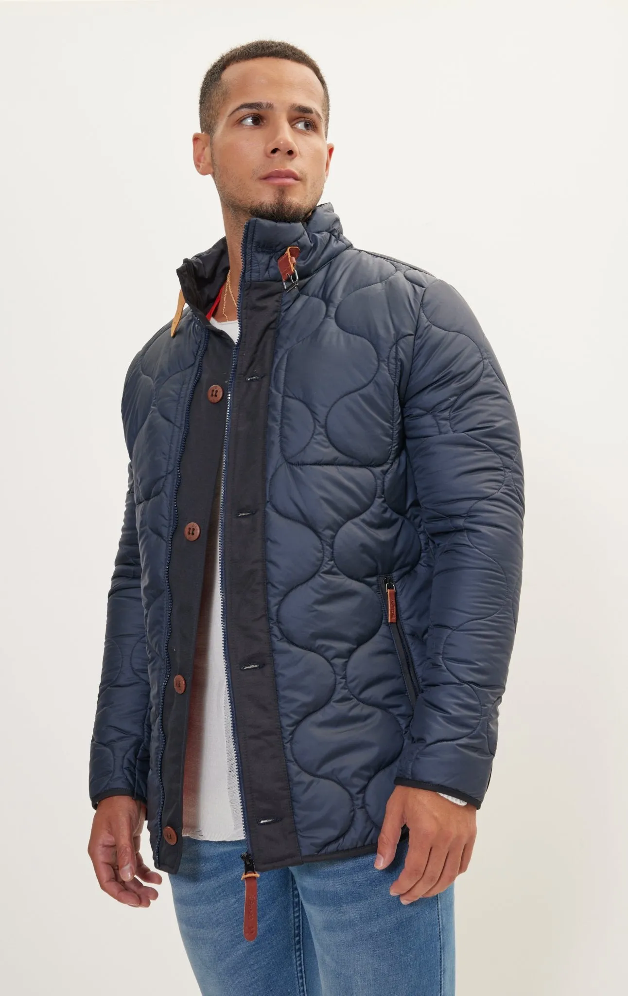 Light Padded Zipper-Up Coat - Navy