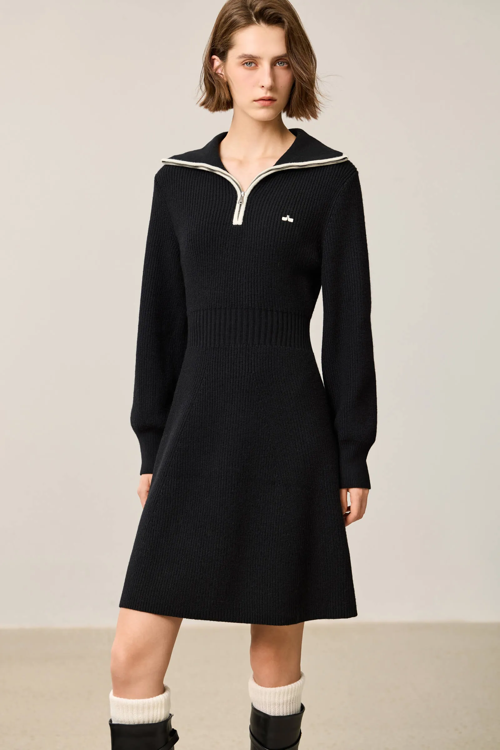 LILY Stylish Zip-Neck Long Sleeve Knit Dress