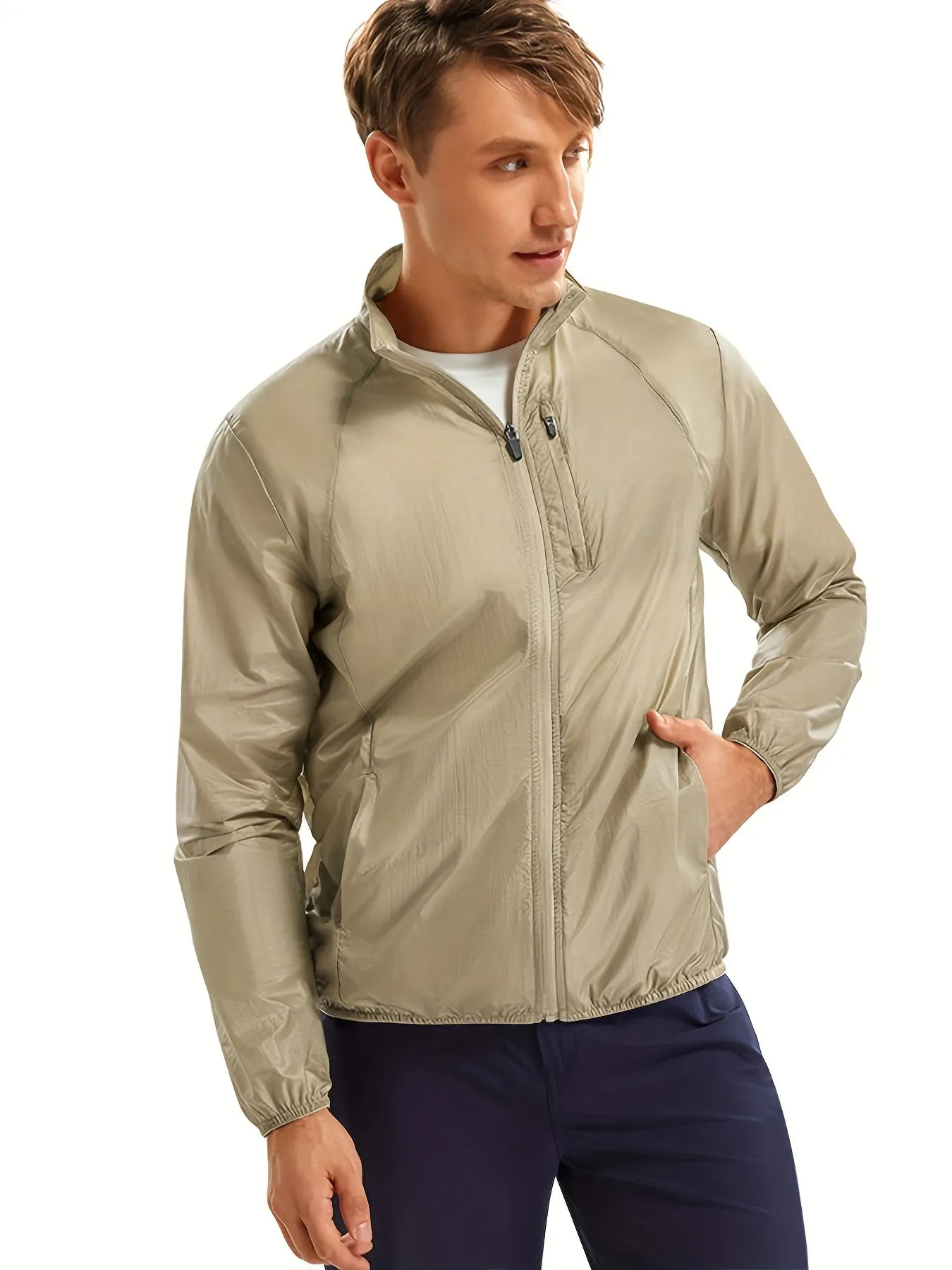 Men's Casual Plain Color Windproof Lightweight Zipper Jacket, Sun Protection Sports Coat Clothes For Outdoor Activities