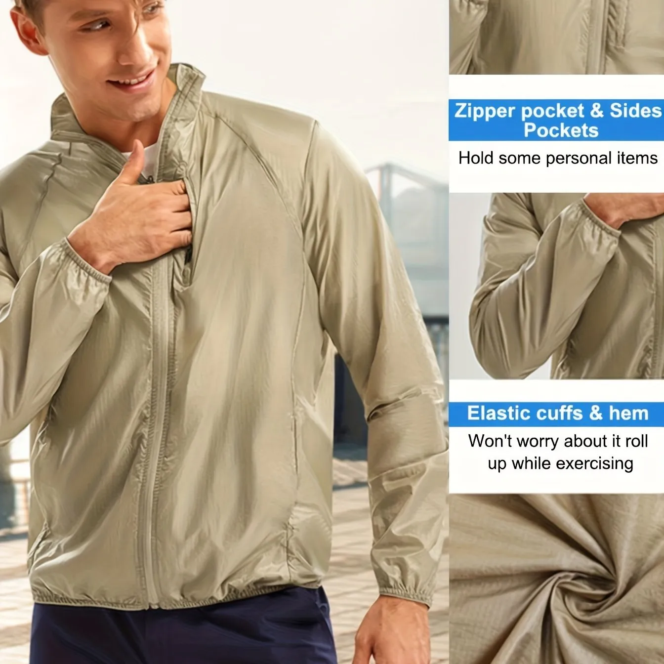 Men's Casual Plain Color Windproof Lightweight Zipper Jacket, Sun Protection Sports Coat Clothes For Outdoor Activities