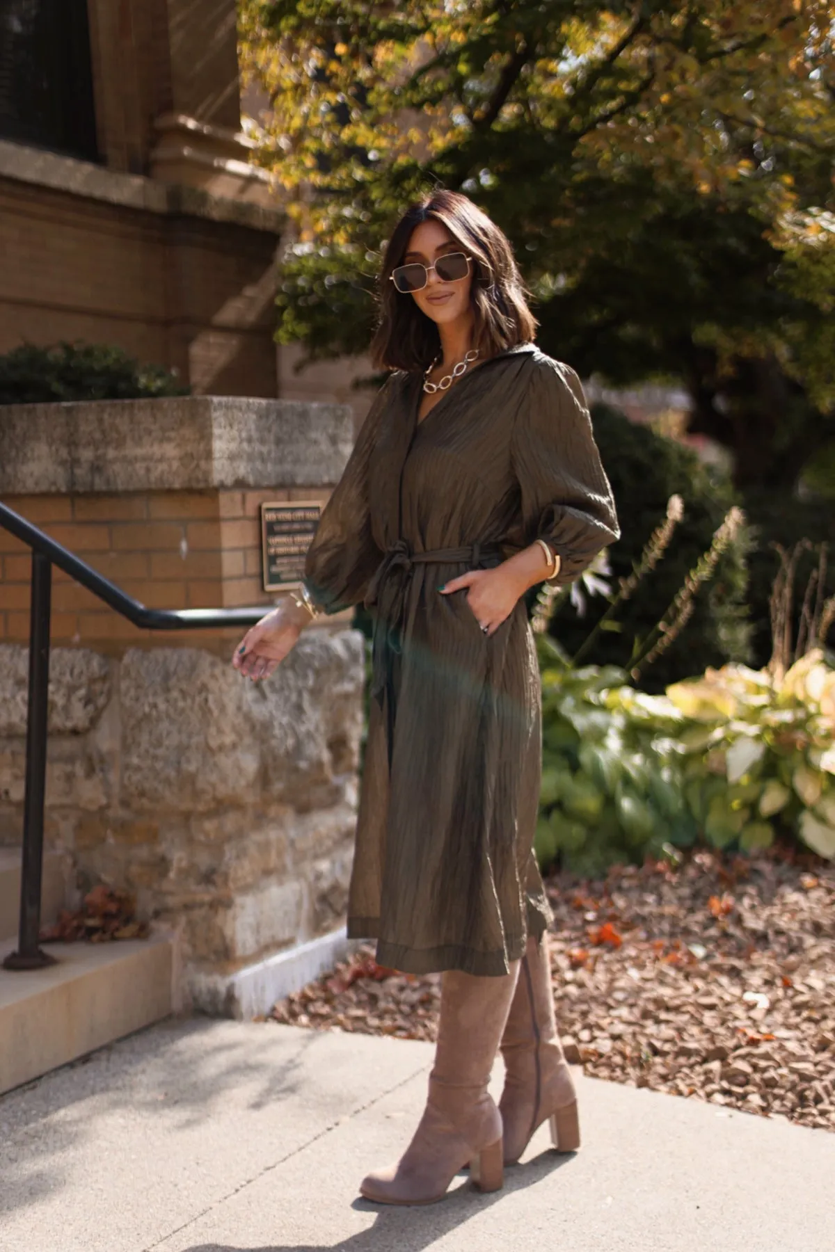 Olive Button Down Belted Midi Dress