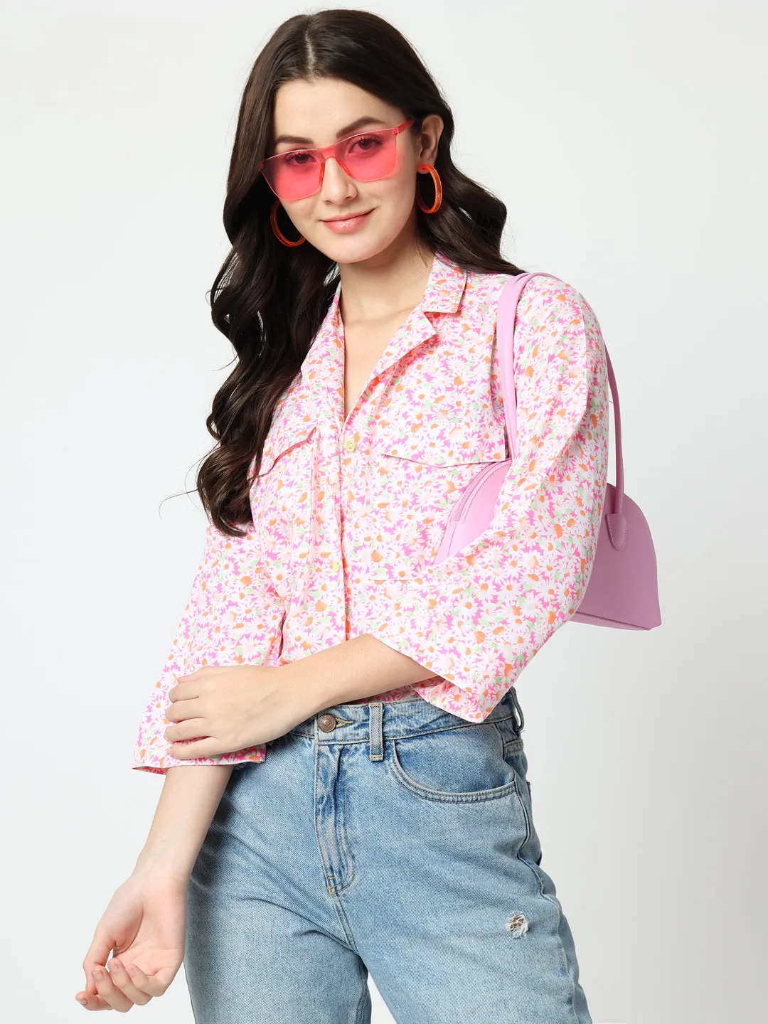 Pink Floral Print Shirt Style Top