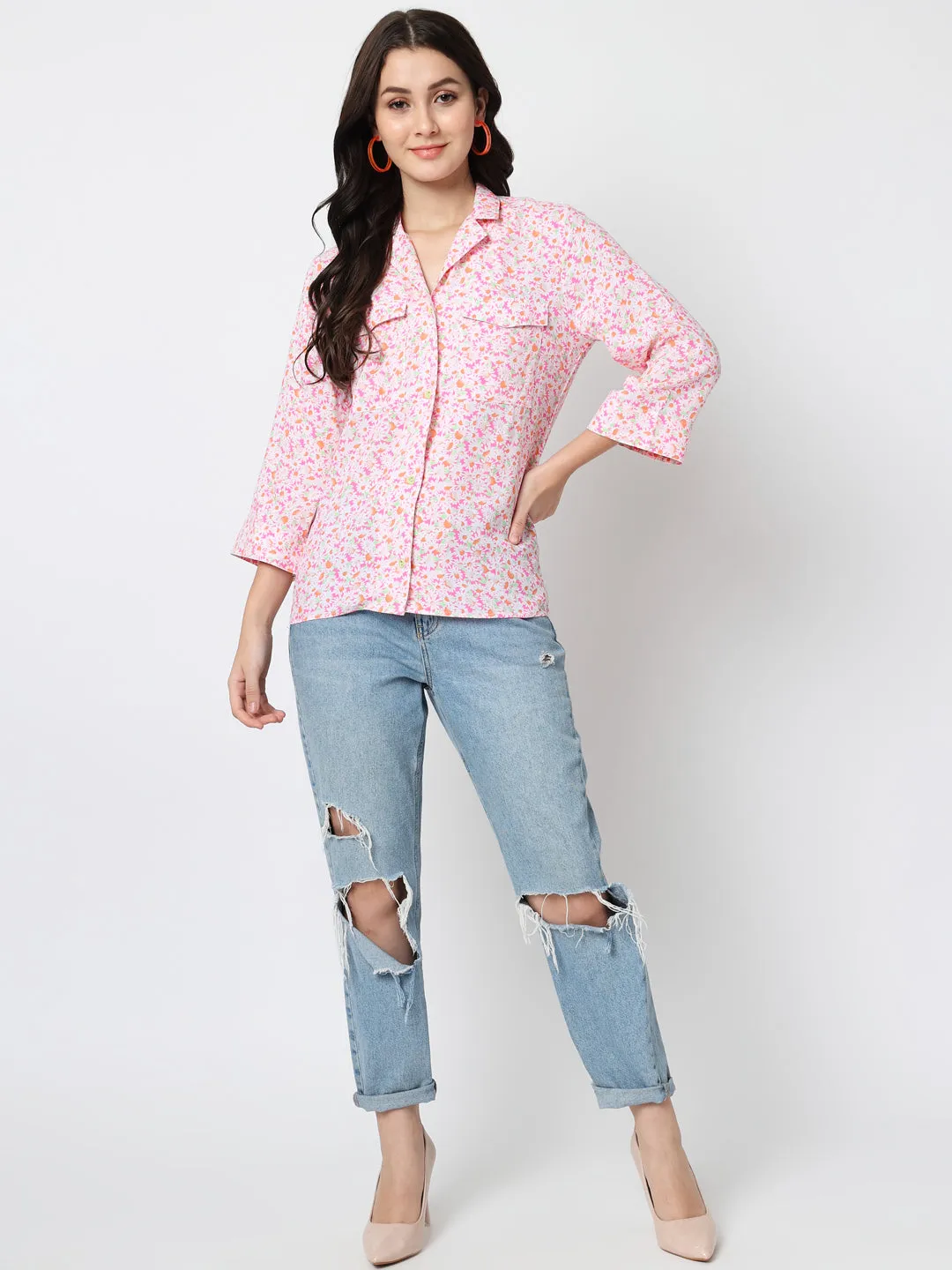 Pink Floral Print Shirt Style Top