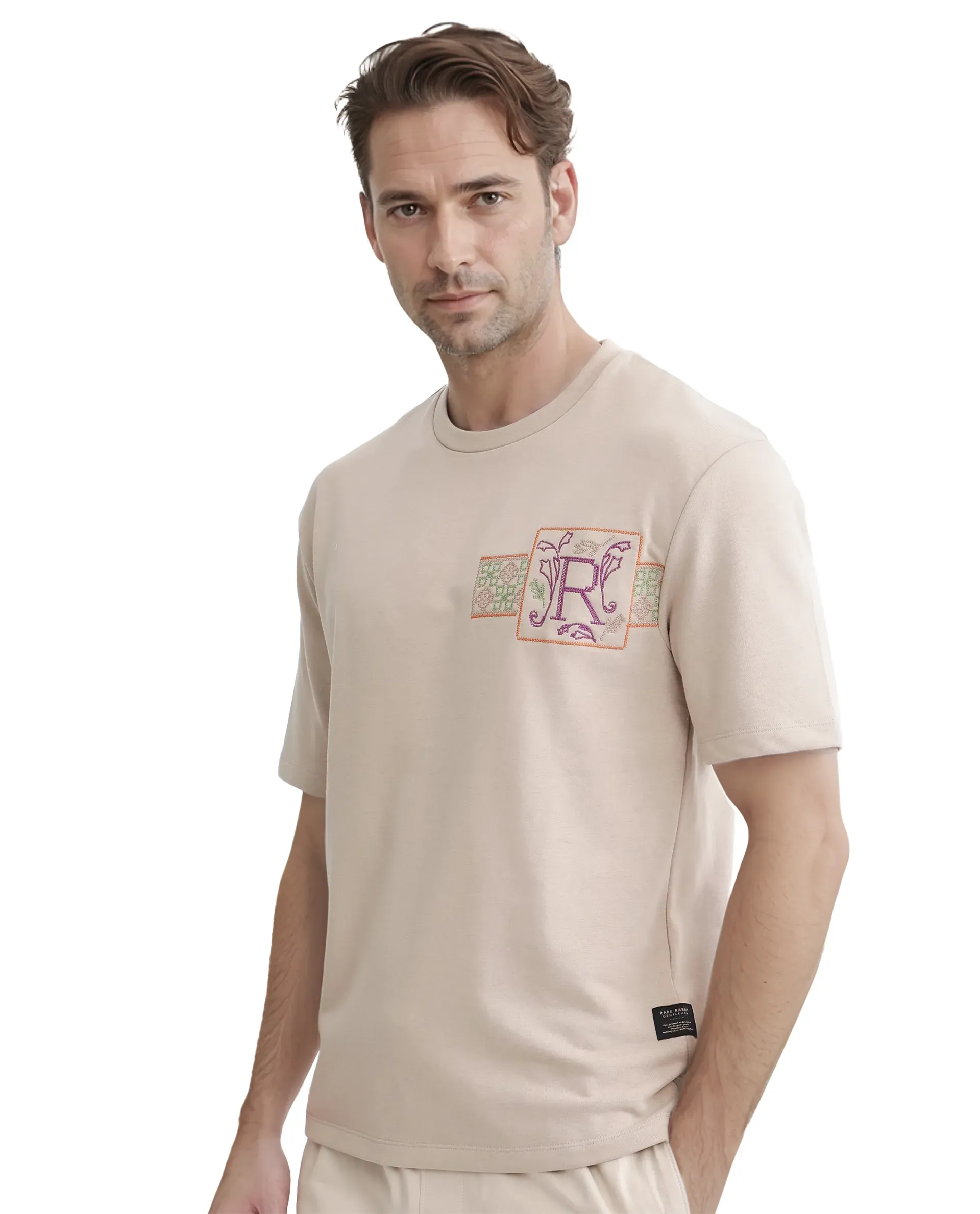 Rare Rabbit Men's Myro-1 Beige Cotton Polyester Fabric Short Sleeve Crew Neck Skinny Fit Vertical Stripes T-Shirt