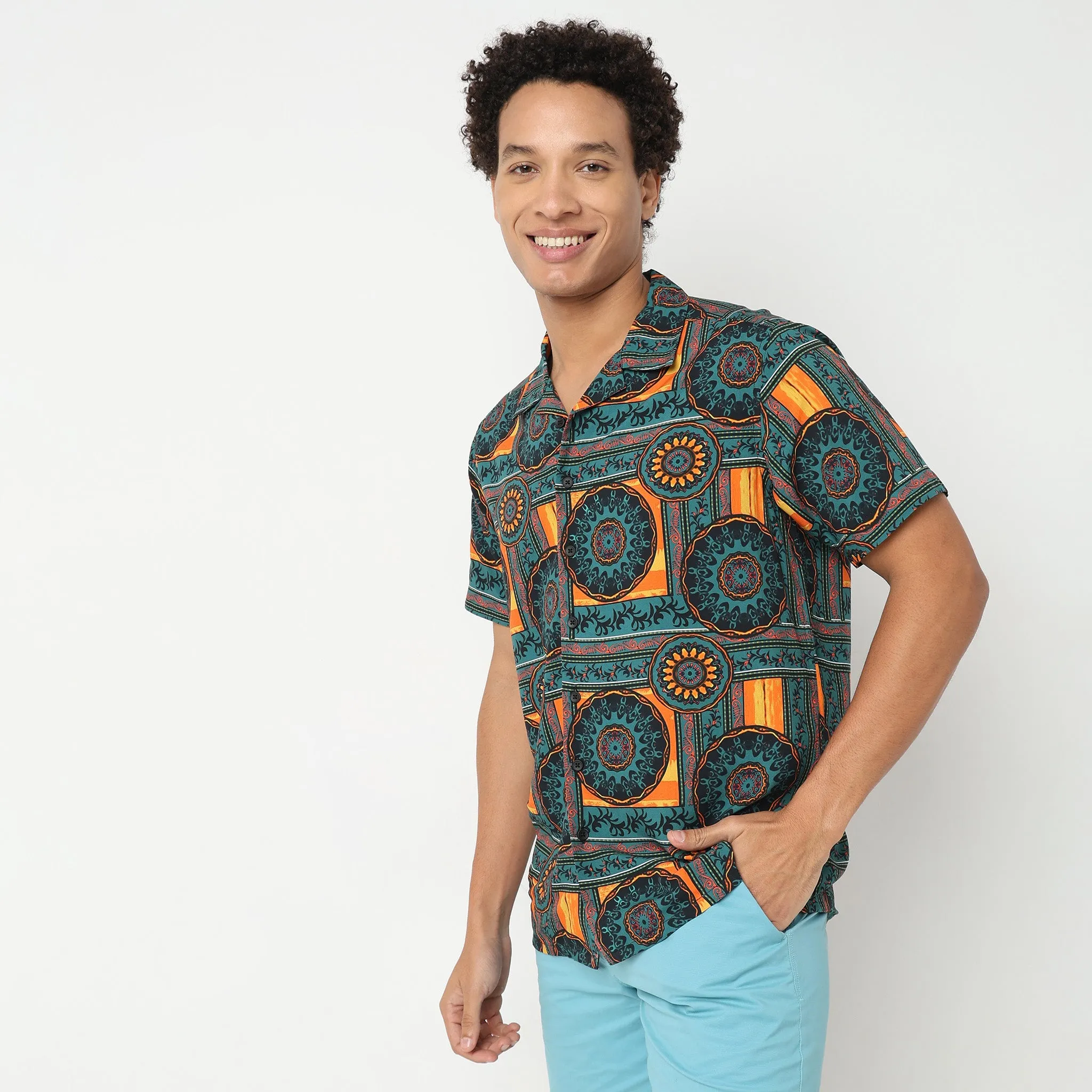 Retreat™ Shirts - 100% Rayon Regular Fit Printed Cuban Collar Shirt