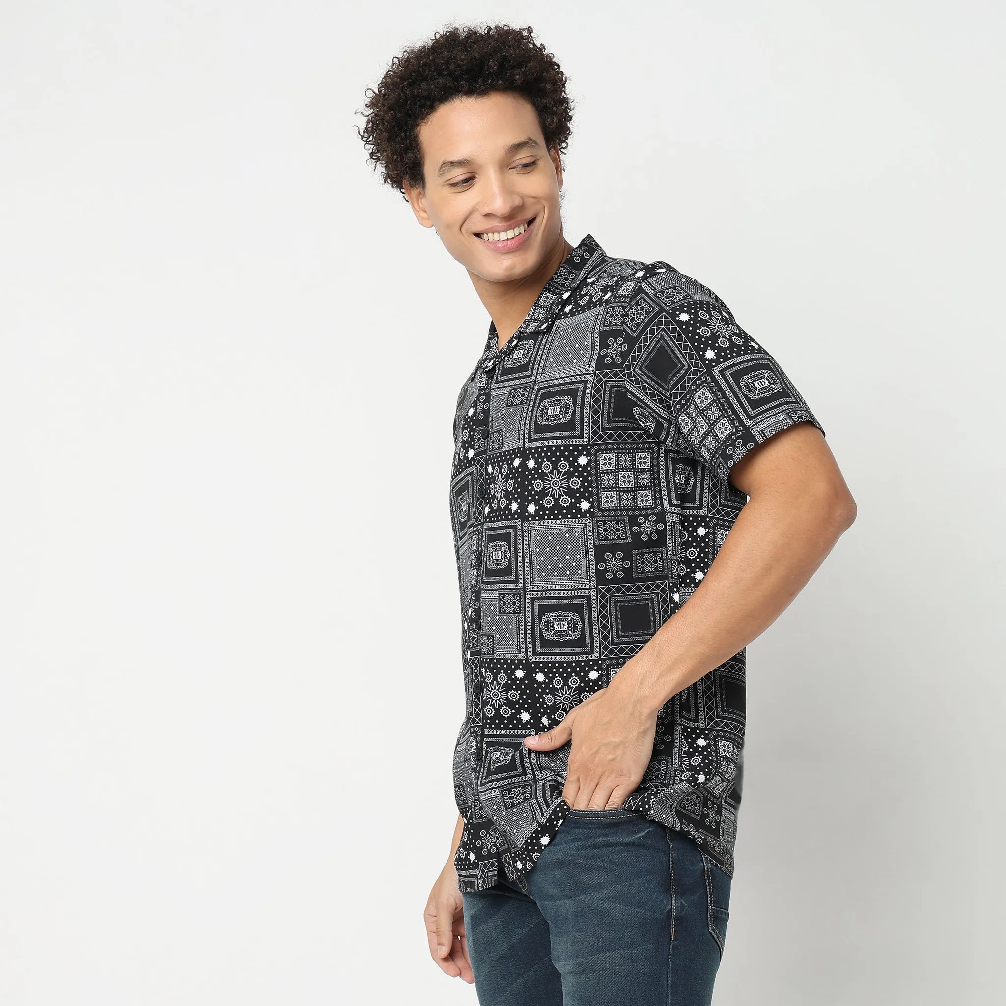 Retreat™ Shirts - 100% Rayon Regular Fit Printed Cuban Collar Shirt