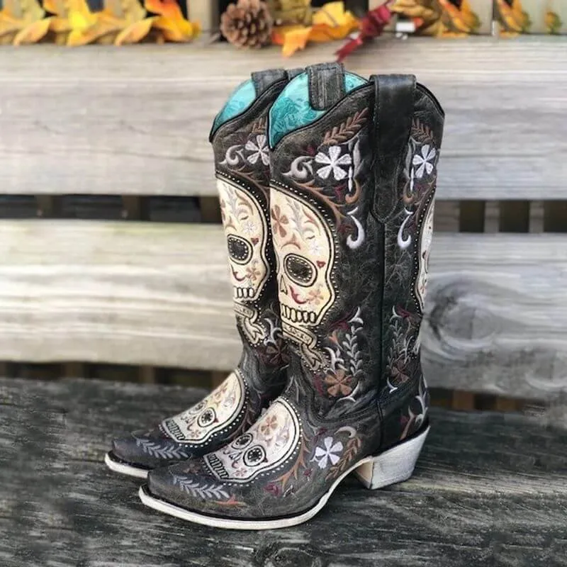 Skull Embroidery Mexican Skull Cowboy Boots