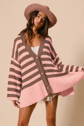 Slit Striped V-Neck Button Up Cardigan