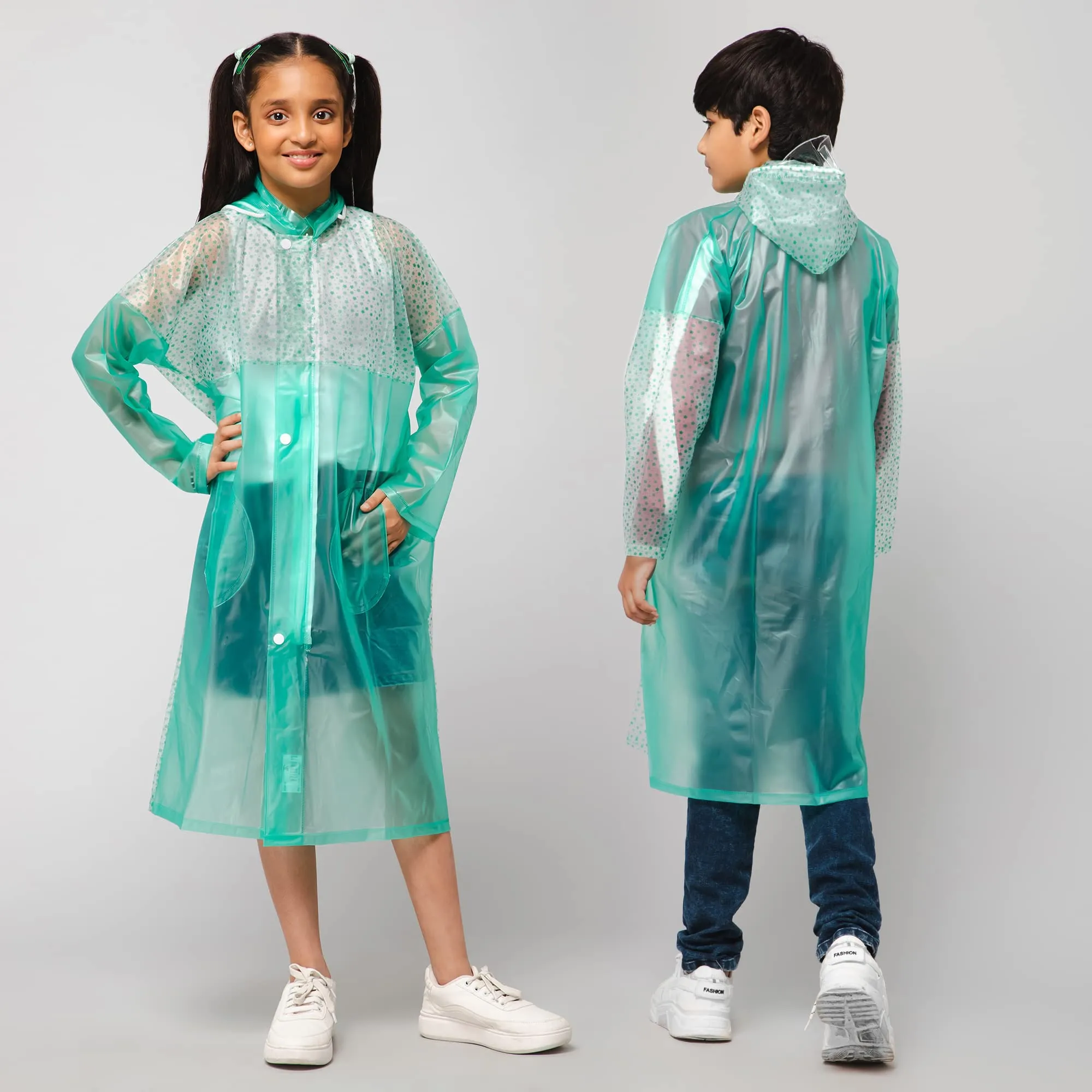 THE CLOWNFISH Drip Dude Series Unisex Kids Waterproof Single Layer PVC Longcoat/Raincoat with Adjustable Hood. Age-3-4 Years (Aqua Green)