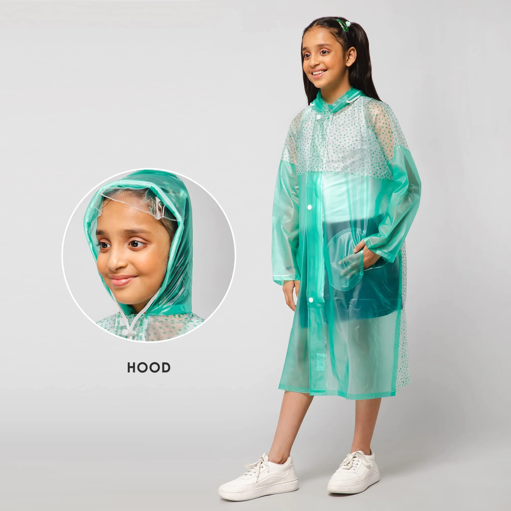 THE CLOWNFISH Drip Dude Series Unisex Kids Waterproof Single Layer PVC Longcoat/Raincoat with Adjustable Hood. Age-3-4 Years (Aqua Green)