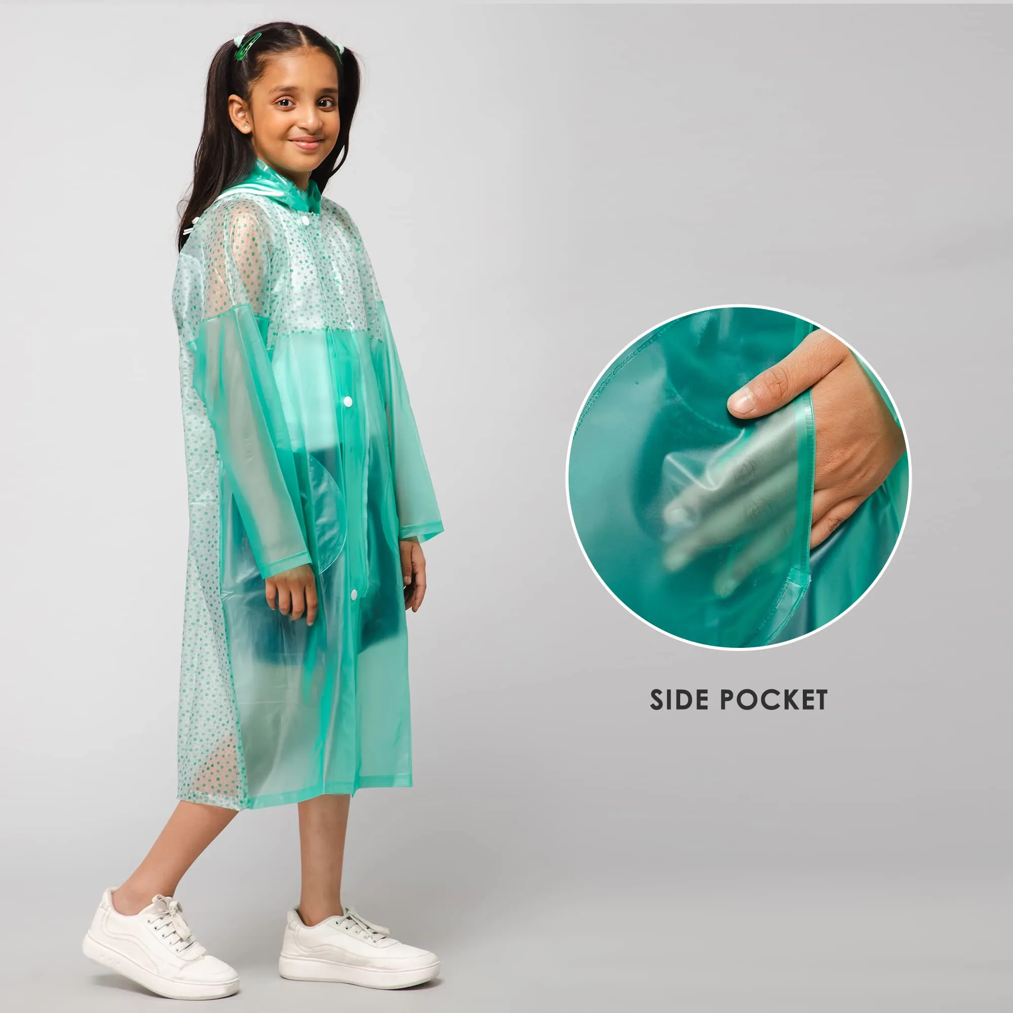 THE CLOWNFISH Drip Dude Series Unisex Kids Waterproof Single Layer PVC Longcoat/Raincoat with Adjustable Hood. Age-3-4 Years (Aqua Green)