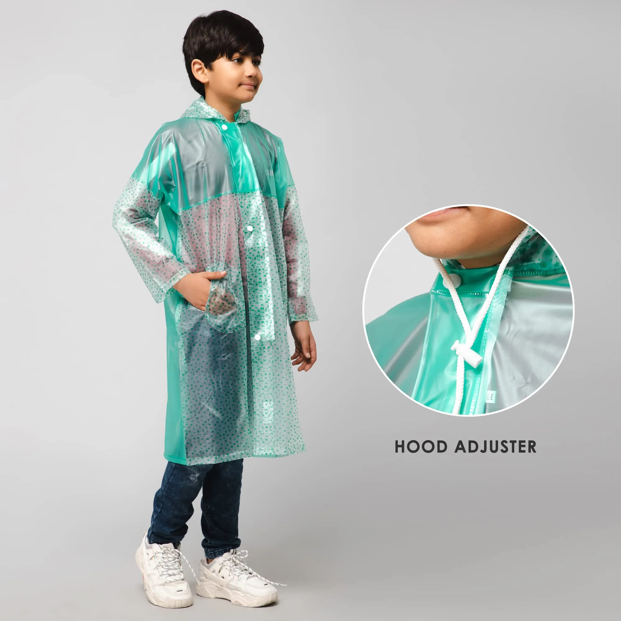 THE CLOWNFISH Misty Magic Series Unisex Kids Waterproof Single Layer PVC Longcoat/Raincoat with Adjustable Hood. Age-3-4 Years (Aqua Green)