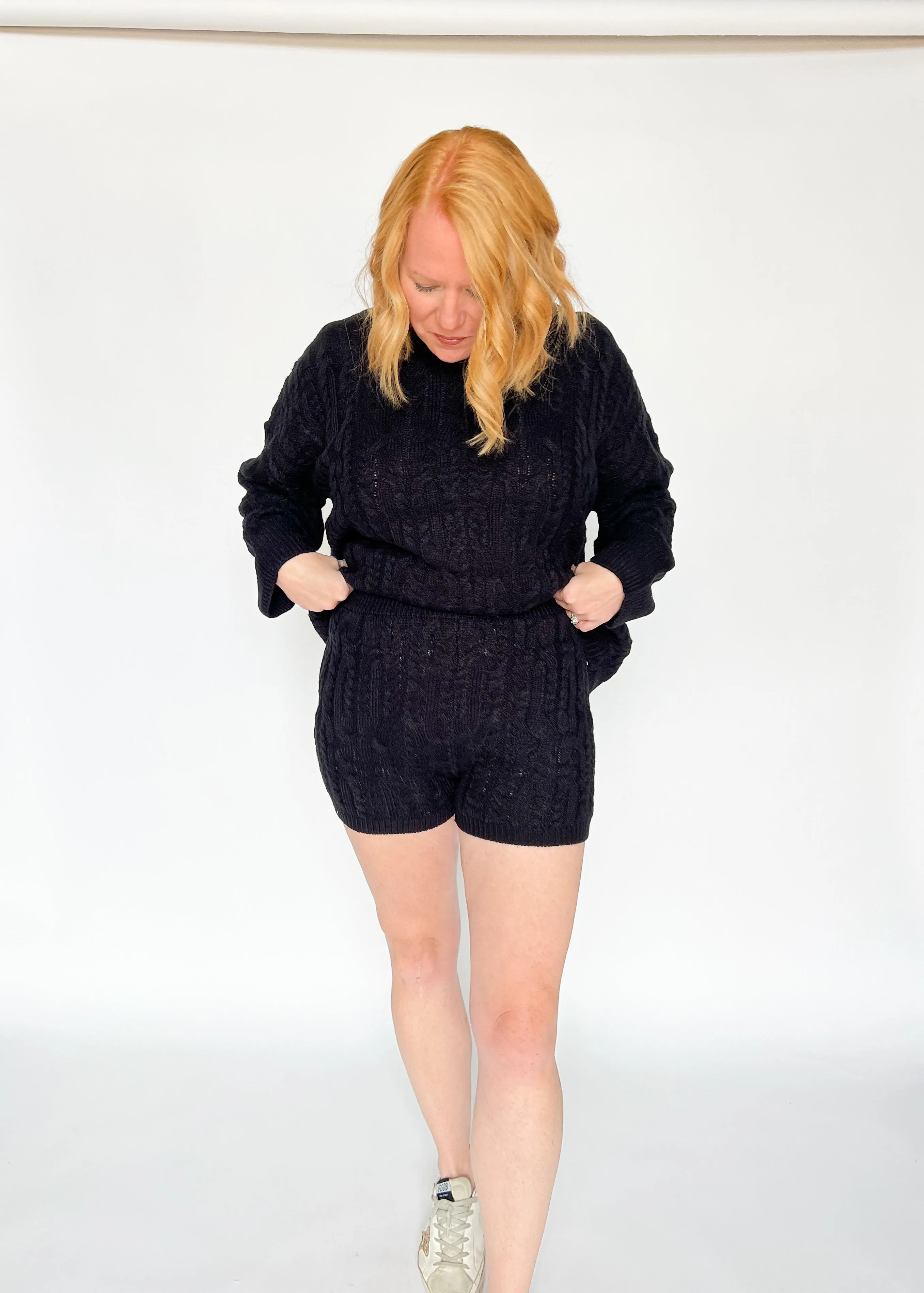 Time Will Tell Cable Knit Sweater Short Set - Black